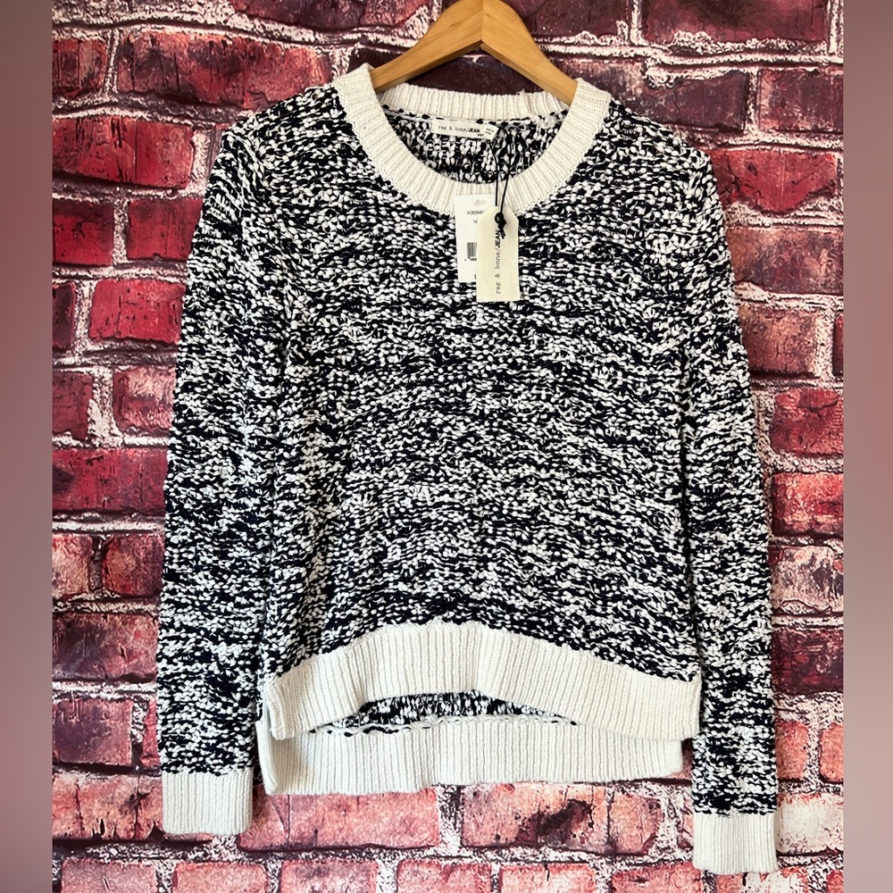 rag & bone Michelle Navy White Boucle Knit Crop Boxy Pullover Sweater XS